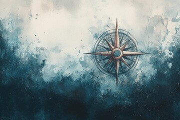 A vintage compass design floats over turbulent ocean waves during a dramatic twilight, capturing adventurous exploration