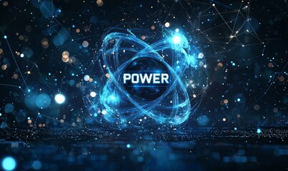 A glowing representation of power with a blue atomic structure illuminated against a dark background in a futuristic style