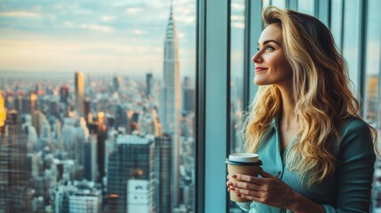 Fototapeta premium Strong and Confident Woman Gazing Out Over a City Skyline from a Large Office with a Cup of Coffee, Embracing Success and Ambition in a Modern Environment