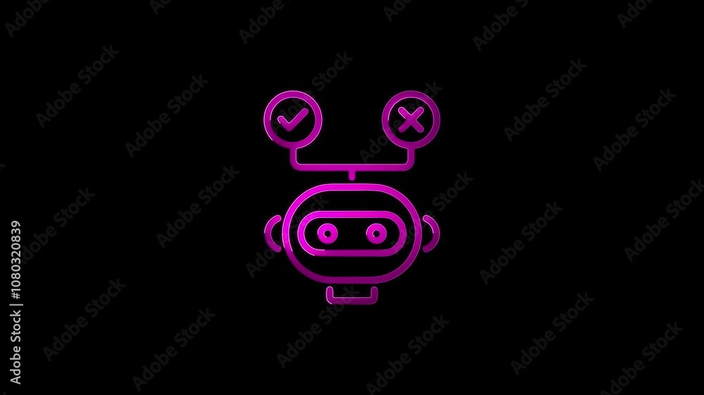 Poster neon ai decision bot icon with check and cross symbols on black background – glowing artificial inte
