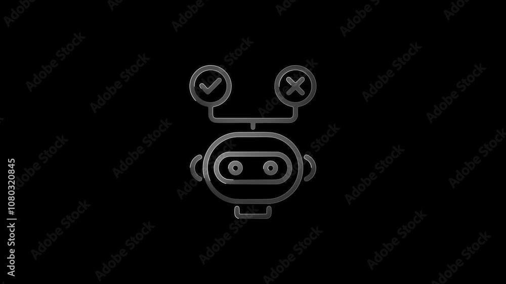Poster neon ai decision bot icon with check and cross symbols on black background – glowing artificial inte