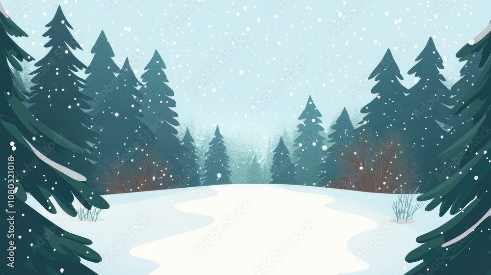 Poster a snow-covered path through a winter forest with pine trees, creating a peaceful holiday atmosphere.