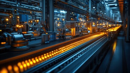 Industrial scene with glowing conveyor belt and machinery.