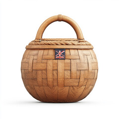 A woven brown wicker basket with a lid and a handle, isolated on a white background.