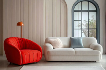 living room and Red armchair and grey sofa  paneling wall with arch. Minimalist interior design