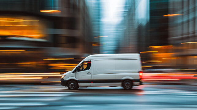 White delivery van speeds through city streets at night, lights glowing, ensuring quick shipping and logistics for businesses