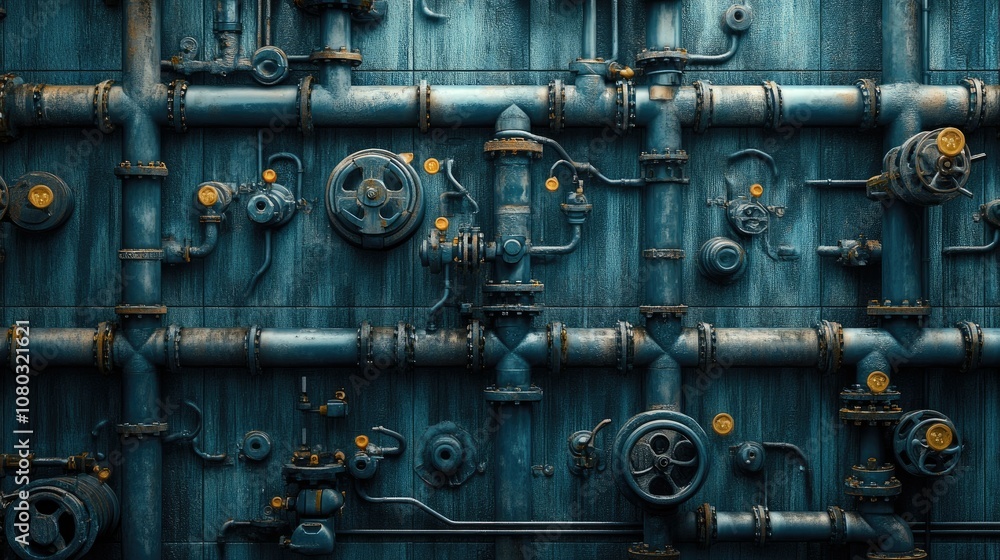 Poster industrial pipework background with blue textures and mechanical components in a symmetrical arrange