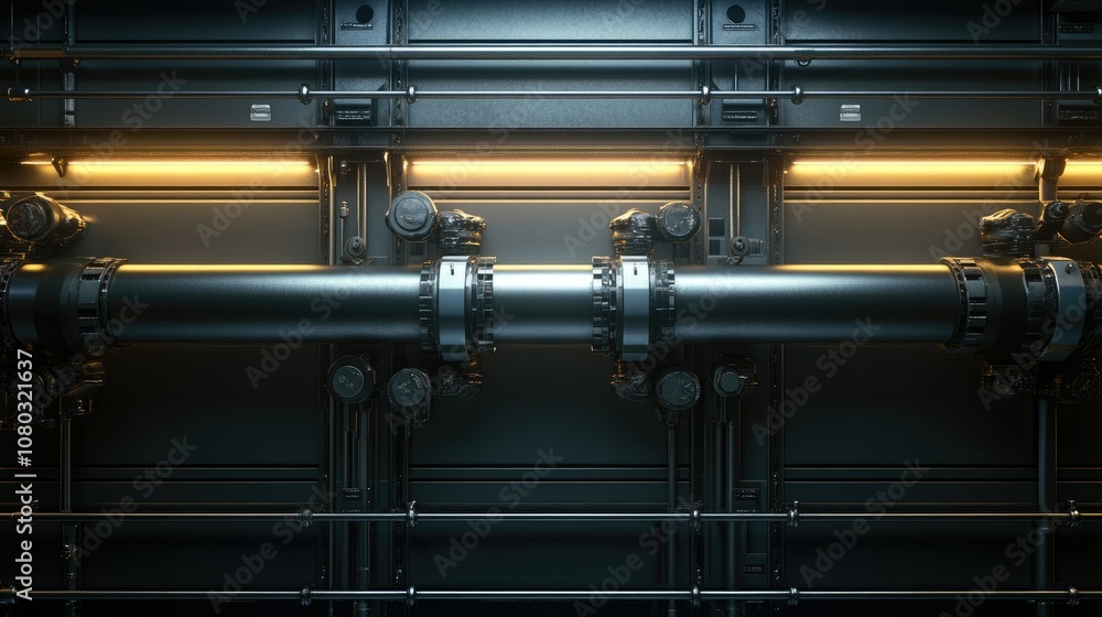 Poster modern industrial pipe system with illuminated elements and metallic texture, showcasing advanced en