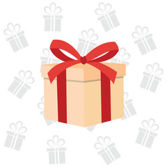 Beige Gift Box with Red Ribbon on Patterned Background