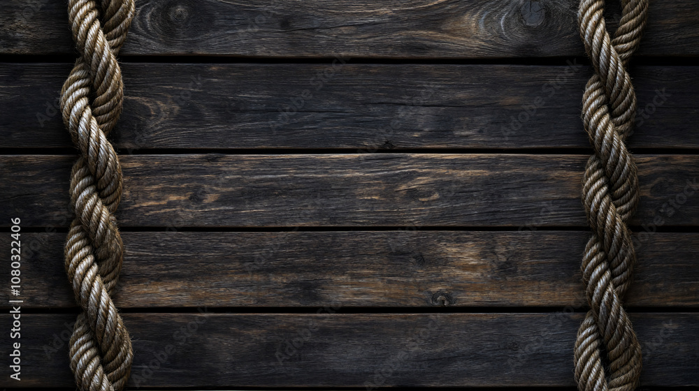 Poster Nautical or rustic themed image with copy space, created by two ropes on a dark wooden background