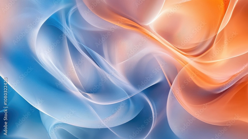 Poster ethereal abstract wave patterns in soft blue and orange hues creating a dreamlike atmosphere for bac