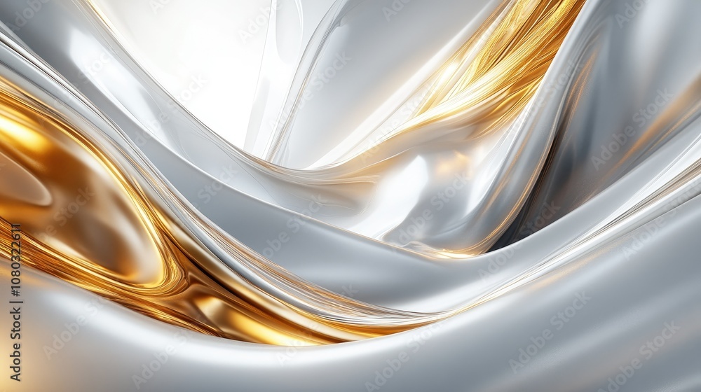 Poster abstract flowing metallic waves with silver and golden tones creating a luxurious and modern design 