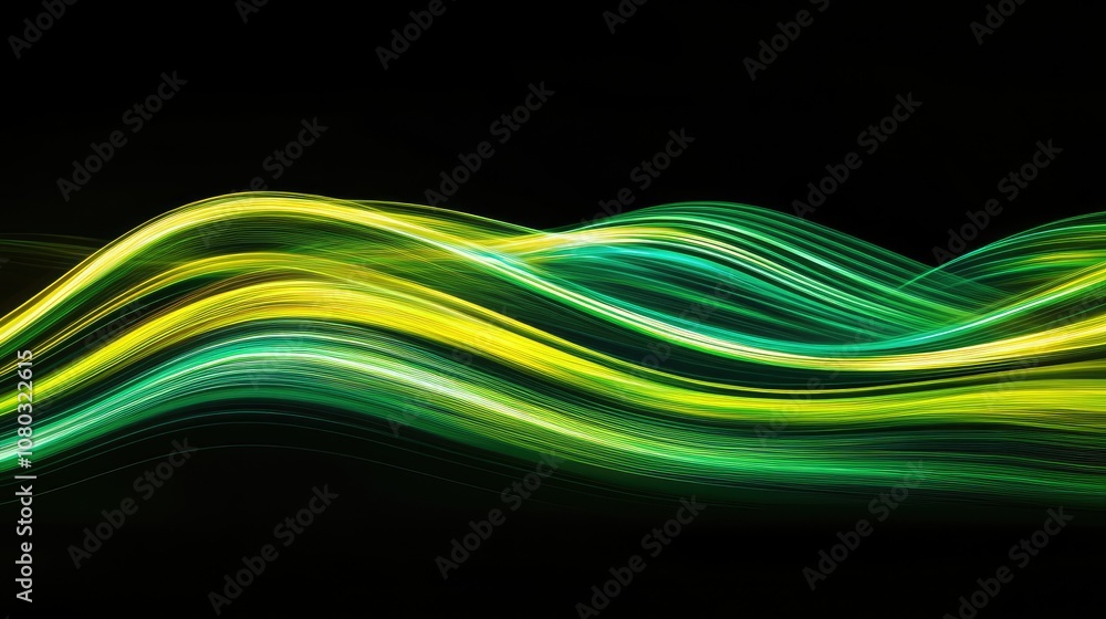 Poster abstract waves of green and yellow light on a dark background for dynamic visuals in digital artwork