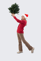 Merry Christmas time, Happy smiling woman holding tree top in hand to make and decorate Christmas...