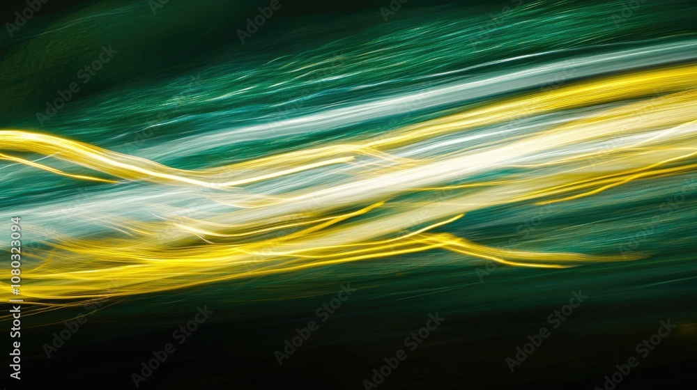 Poster abstract light trails in motion creating a dynamic background with green and yellow hues, suitable f