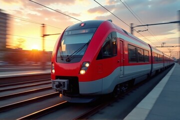 Naklejka premium Modern train, urban station, sunset