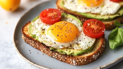 Avocado toast topped with a fried egg and a tomato slice.