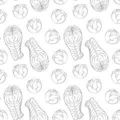 Outline salmon steak and brussels sprouts heads Seamless pattern. Healthy eating Day background idea