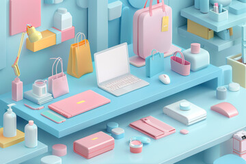 3d concept of web and mobile integrated ecommerce store