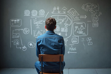 Person sitting in dimly lit room with diagrams on wall