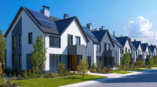 Modern suburb lined with sleek homes featuring solar panels, demonstrating an eco-conscious community embracing clean energy and contemporary designs in harmony.