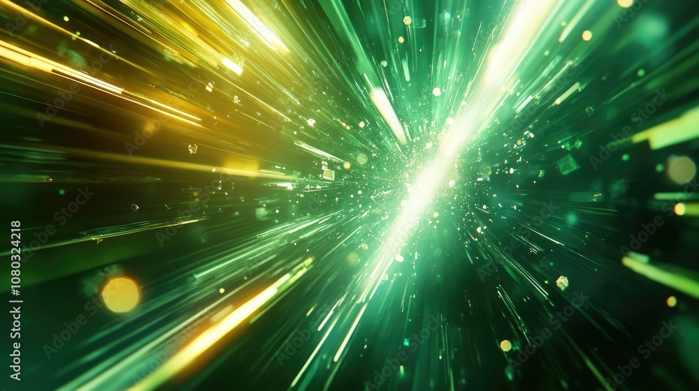 Poster Abstract light rays and glowing particles create a dynamic and energetic background with vibrant green colors and a sense of motion and depth for creative designs