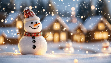 Fototapeta premium 3D render of a snowman with cozy house background