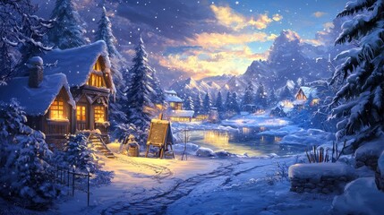 Fototapeta premium Serene Winter Scene Featuring a Cozy Cottage by a Snow-Covered Lake, Illuminated by the Soft Glow of Sunset Colors Amidst Snowy Trees and Expansive Mountain Views