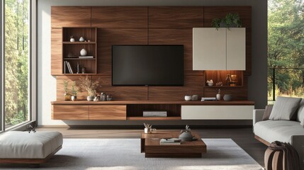 Modern living room with a large TV, wooden wall paneling, and a cozy seating area.