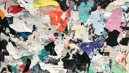 Fototapeta premium Colorful collage of torn newspaper clippings and artistic illustrations