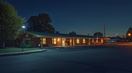 Fototapeta premium Quiet motel exterior under soft evening light with illuminated windows and peaceful surroundings at dusk in a small town