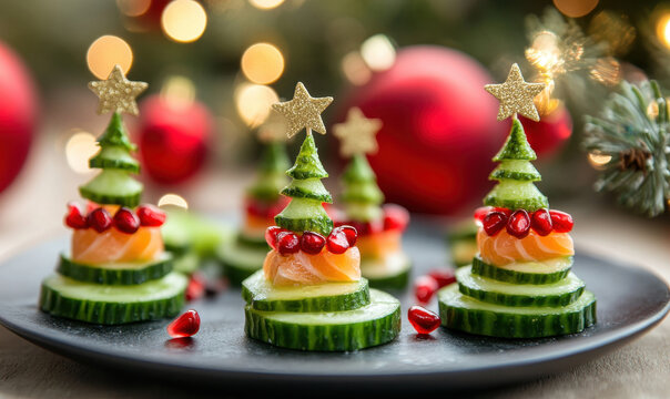 Whimsical Christmas tree-shaped snacks on festive platter