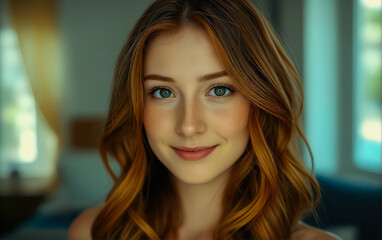 Fototapeta premium Beautiful Young Woman with Long Auburn Hair in Cozy Indoor Setting with Soft Lighting and Warm Tones