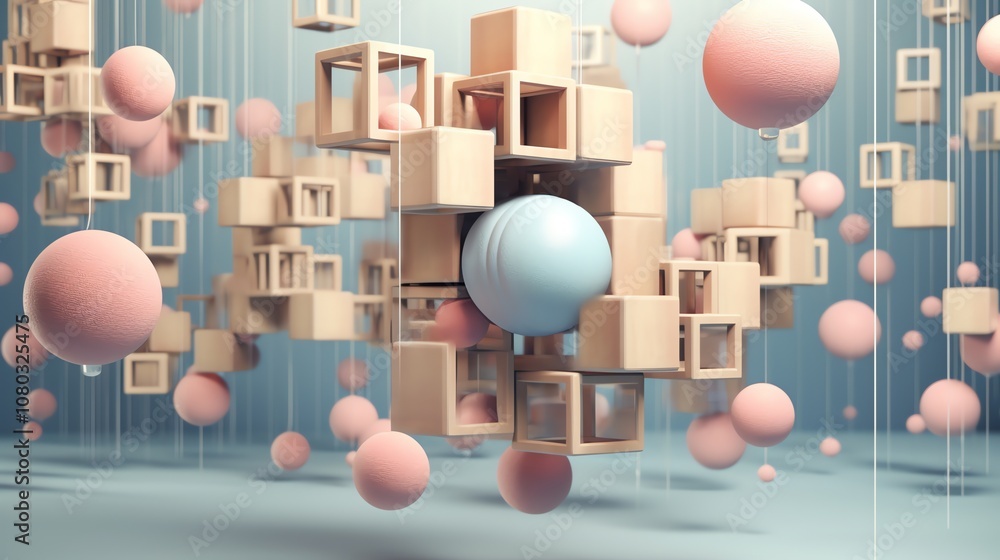 Poster abstract 3d composition with floating spheres and geometric shapes.