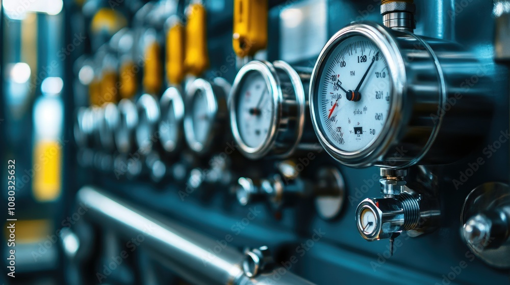 Poster close-up view of industrial pressure gauges with clear dial readings displaying measurements in a pr