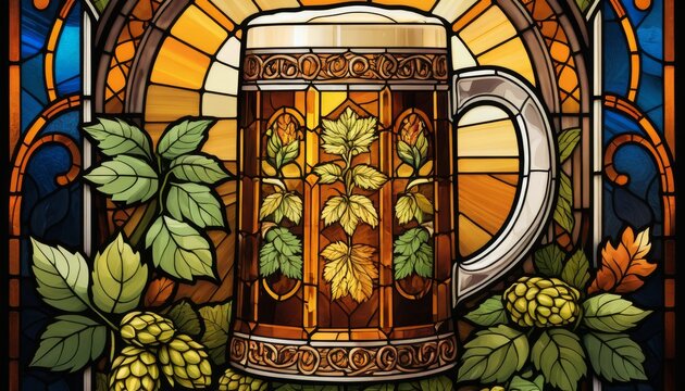 Beer mug stained glass art featuring hops and leaves on a vibrant background