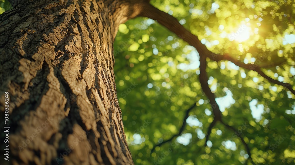 Aufkleber tree bark illuminated by sunlight with vibrant green leaves in the background.