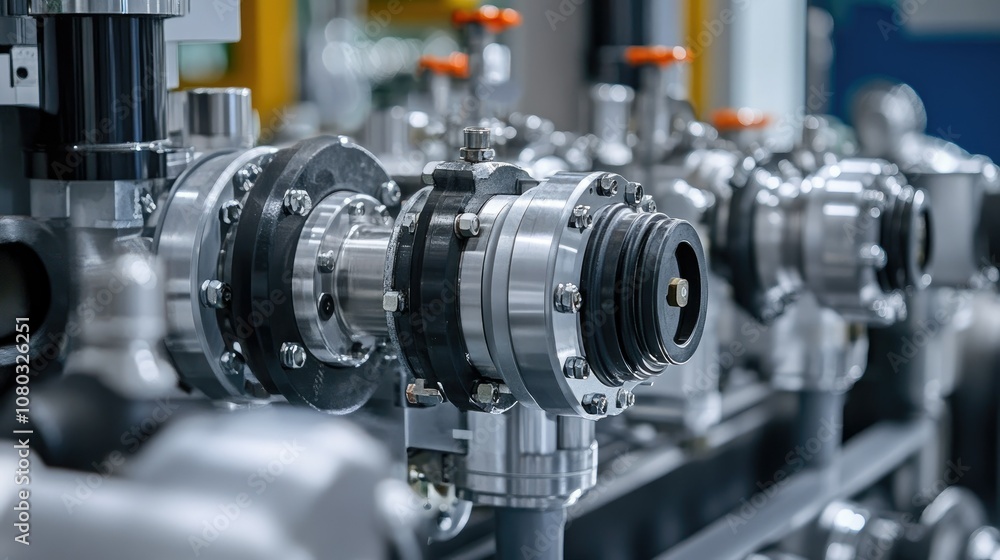 Poster high-resolution close-up of industrial pump components with metallic finish and precision engineerin