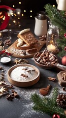 Fototapeta premium A bowl of flour and cinnamon sticks sits on a dark countertop, surrounded by Christmas decorations, a wooden spoon, and a bowl of cinnamon sticks