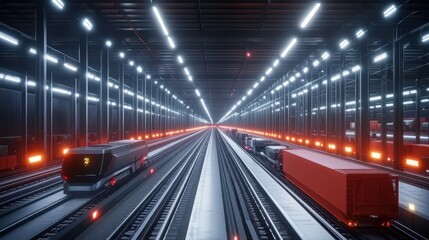 Fototapeta premium Futuristic train station with highspeed freight trains and cargo robots, rail logistics, automation in freight movement