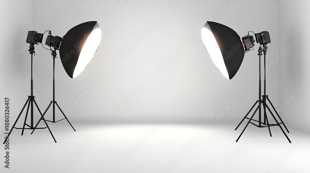 Poster two studio lights with softboxes are set up on tripods in front of a white backdrop.