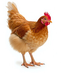 Fototapeta premium Single chicken against white background, golden-brown plumage