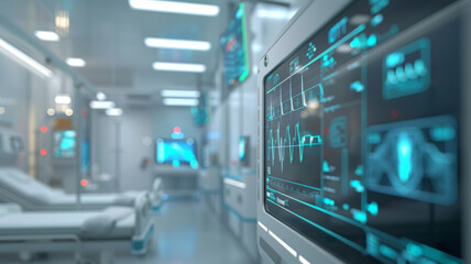 Obraz premium Medical technology hospital setting showcasing use computer technologies for treatment. Concept Hospital Technologies