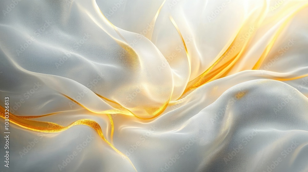 Poster ethereal flow of white and golden fabric dance under soft light, creating a dreamy and abstract back