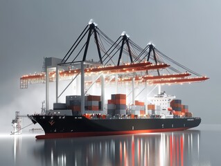 Fototapeta premium Large cargo ship unloading containers onto electric cranes, port logistics, energyefficient transport
