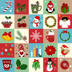 Seamless Christmas Icons, Festive Christmas Clipart, Christmas Elements Set