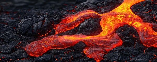 Flowing lava on dark volcanic rocks, showcasing nature's raw power, white isolate background.