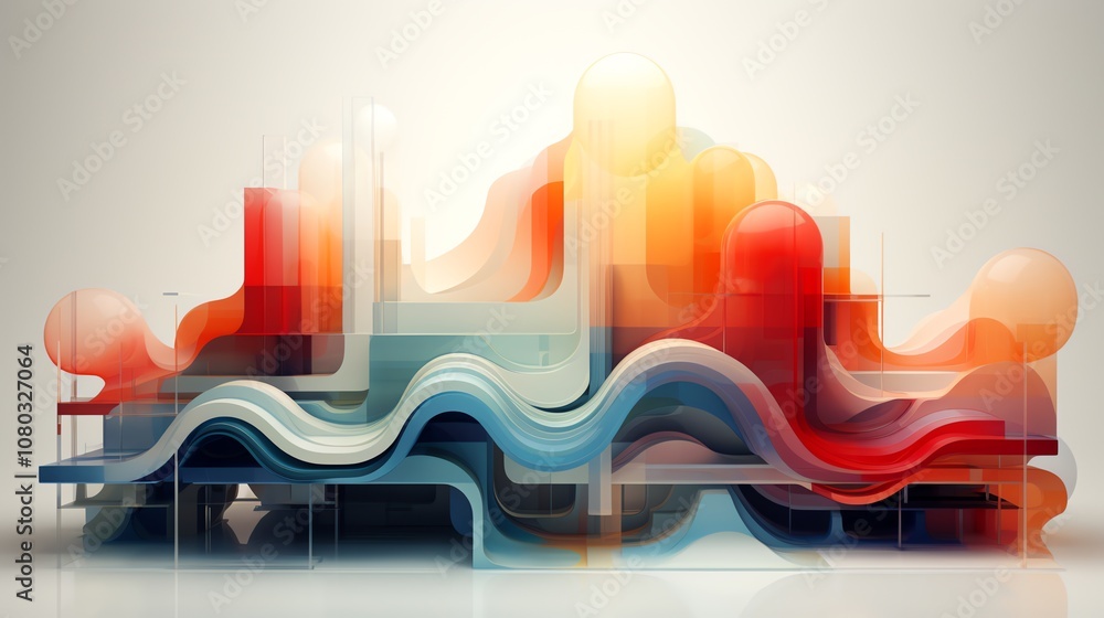 Poster abstract 3d rendering of a colorful and dynamic structure with wavy lines, geometric shapes, and tra