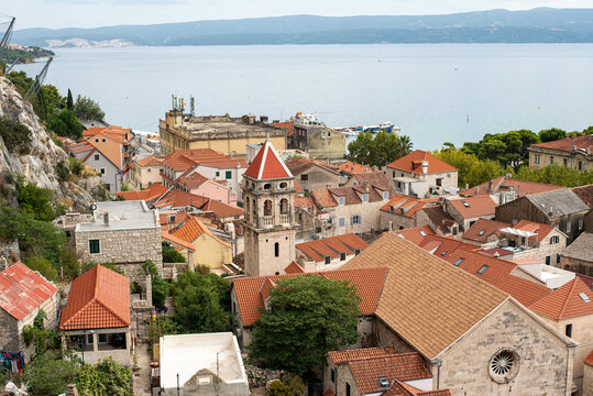 View over the historic town of Omis from Peovica Fortress, Croatia, capturing stunning Adriatic coastal scenery