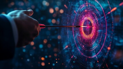 A businessman hand holds a virtual target arrow